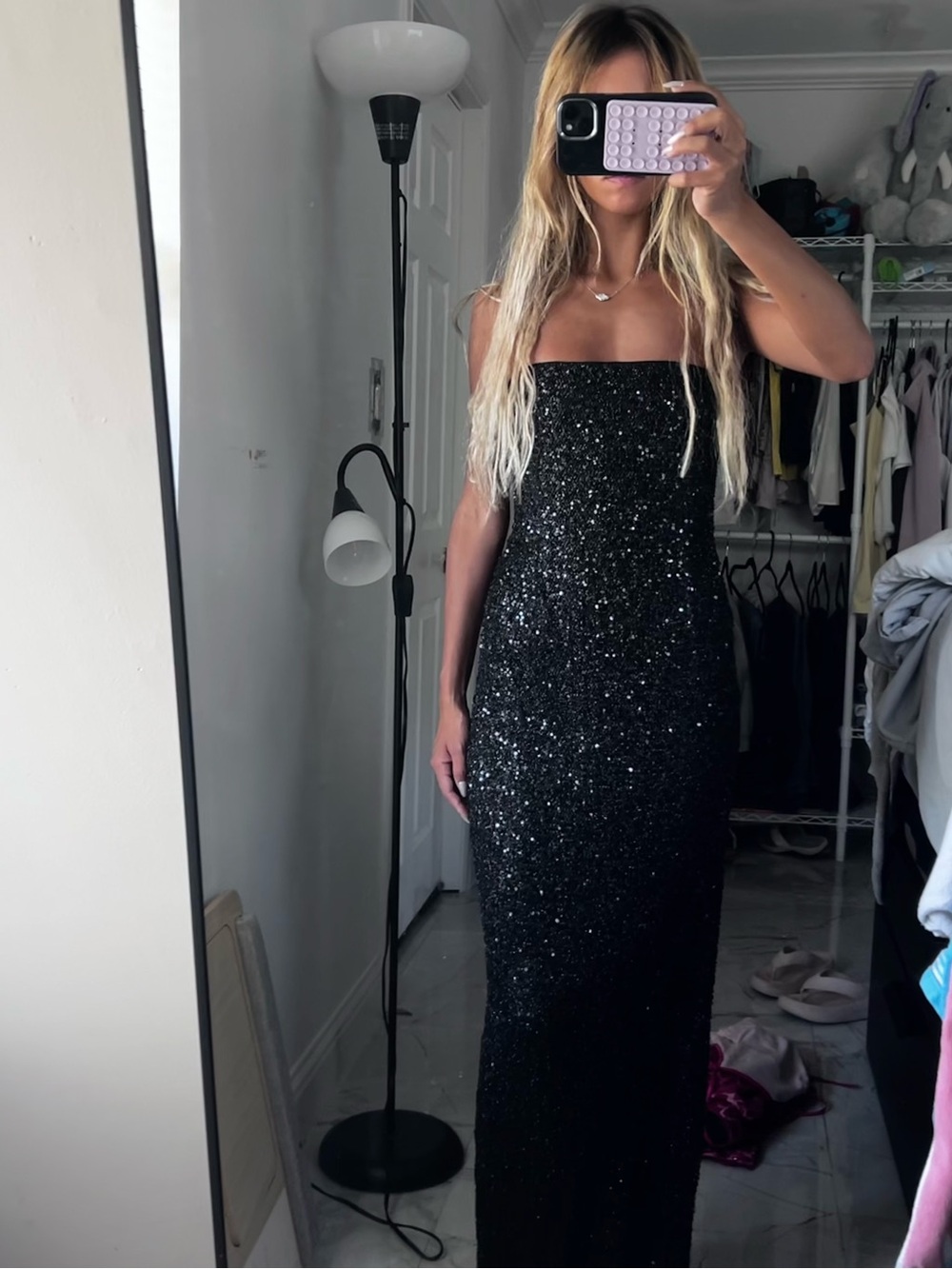 Simkai Strapless Black Sequin Evening Gown